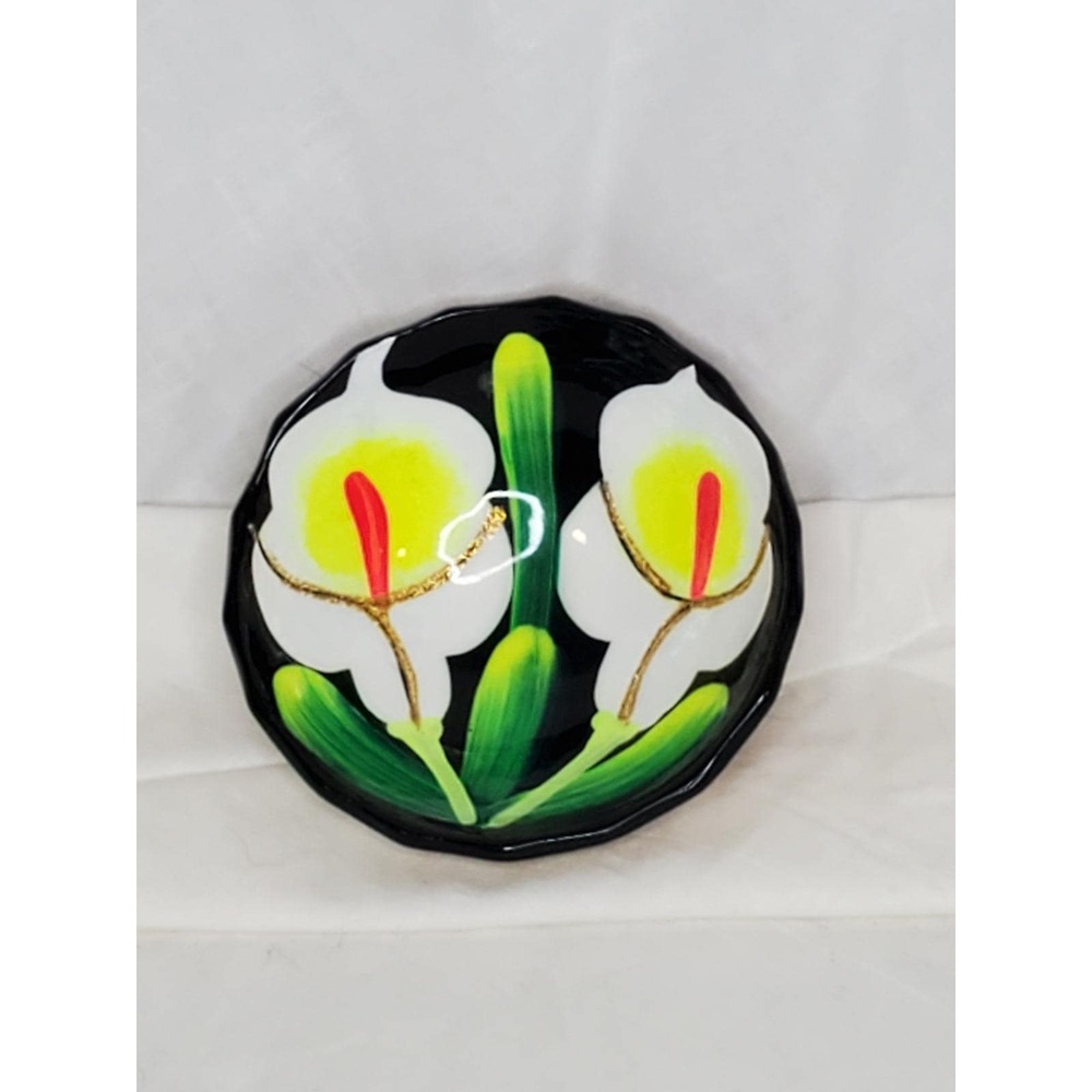 Hand Painted Calla Lily Footed Ceramic Bowl Blk White Floral Trinket Dish 4.25"